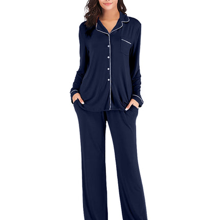 Collared Neck Long Sleeve Loungewear Set with Pockets - Image 3