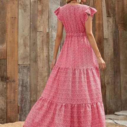 Printed V-Neck Ruffled Cap Sleeve Maxi Dress - Image 7