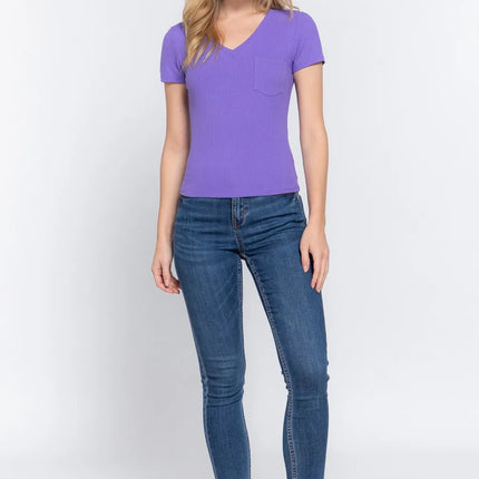 ACTIVE BASIC V-Neck Ribbed Short Sleeve Knit T-Shirt - Image 4
