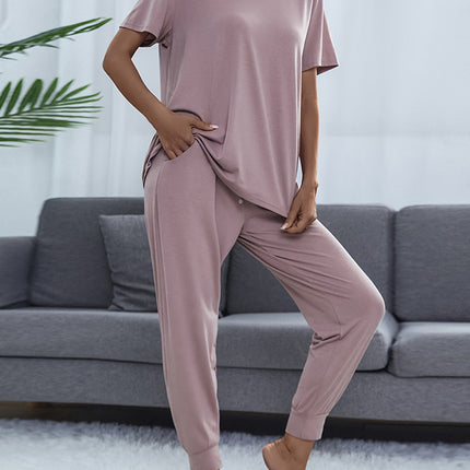 Shiny Round Neck Short Sleeve Top and Pants Set - Image 9