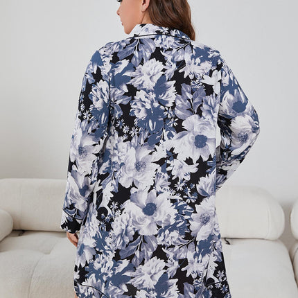 Plus Size Floral Lapel Collar Long Sleeve Night Dress - Image 2