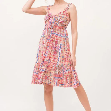 And The Why Tied Front Smocked Back Tiered Boho Printed Dress - Image 9