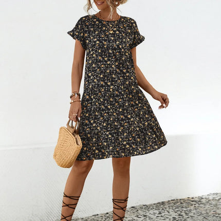 Frill Floral Round Neck Short Sleeve Tiered Dress - Image 5