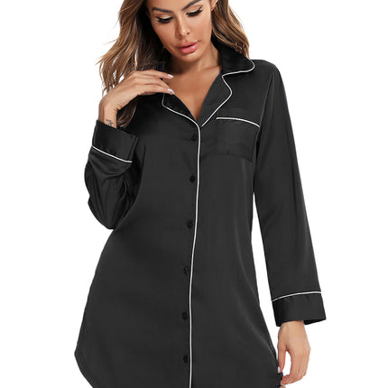 Button Up Lapel Collar Night Dress with Pocket - Image 3