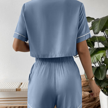 Ivy Lane Contrast Lapel Collar Cropped Shirt and Shorts Lounge Set - Image 2