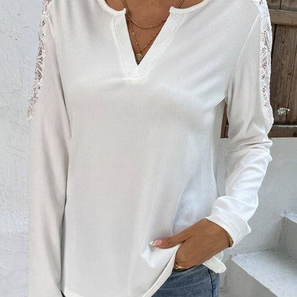 Shiny Spliced Lace Notched Neck Top - Image 1