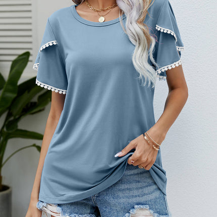 Pom-Pom Trim Flutter Sleeve Round Neck Tee - Image 10