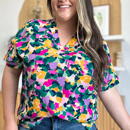 Double Take Full Size Printed V-Neck Short Sleeve Side Slit Top - Image 10