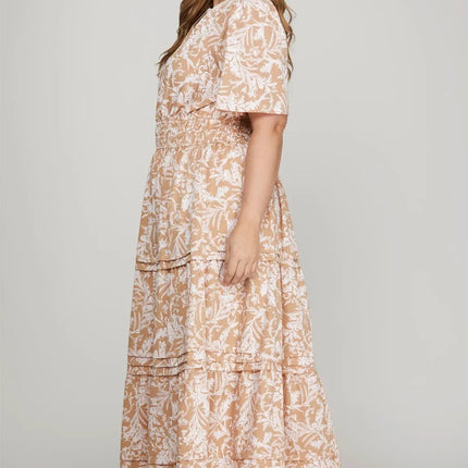 She + Sky Printed Notched Woven Tiered Pintuck Maxi Dress with Side Pockets - Image 4