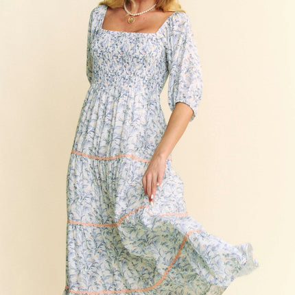 Davi & Dani Contrast Ric Smocking Bodice Tiered Midi Dress - Image 3