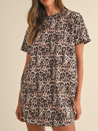Leopard Round Neck Short Sleeve Mini Dress - Image 1