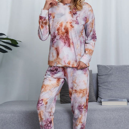 Shiny Tie-Dye Crewneck Top and Drawstring Waist Joggers Lounge Set - Image 11
