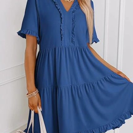 Tiered Notched Short Sleeve Mini Dress - Image 11