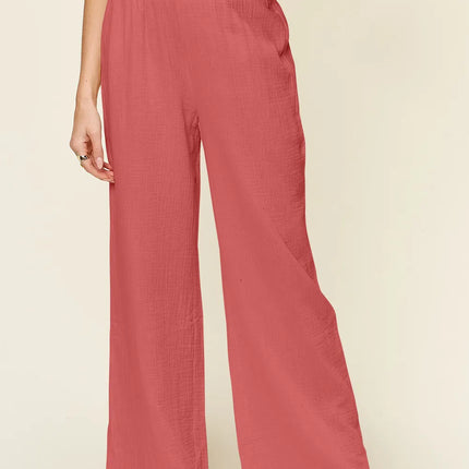 Double Take Full Size Texture Smocked Waist Wide Leg Pants - Image 1