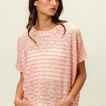 BiBi Braid Striped Short Sleeve Round Neck T-Shirt - Image 4