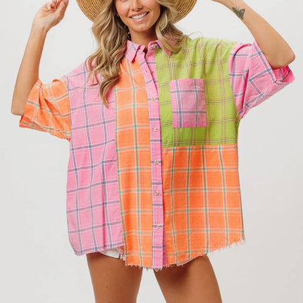 BiBi Plaid Collared Neck Half Sleeve Shirt - Image 1