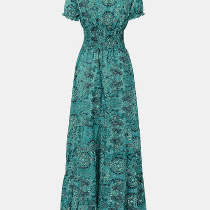 Full Size Smocked Printed V-Neck Short Sleeve Dress - Image 12