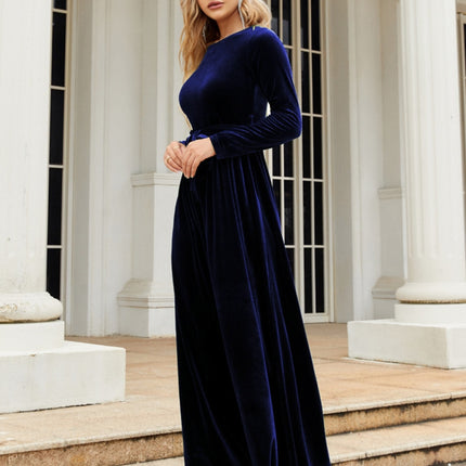 Tie Front Round Neck Long Sleeve Maxi Dress - Image 13