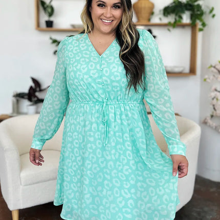 Double Take Full Size Printed Ruched V-Neck Long Sleeve Dress - Image 6