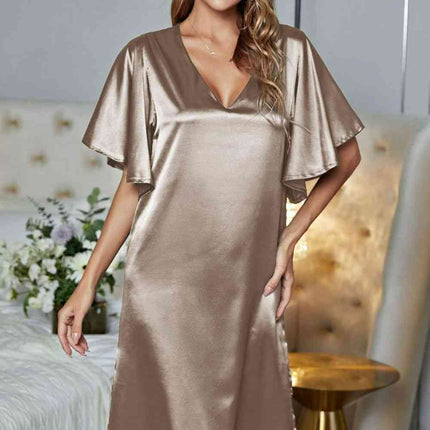 Satin Flutter Sleeve Side Slit V-Neck Night Dress - Image 14