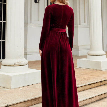 Tie Front Round Neck Long Sleeve Maxi Dress - Image 2