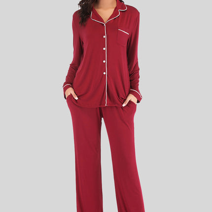 Collared Neck Long Sleeve Loungewear Set with Pockets - Image 16