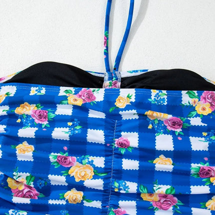 Floral Gingham Halter Neck Drawstring One Piece Swimwear - Image 6