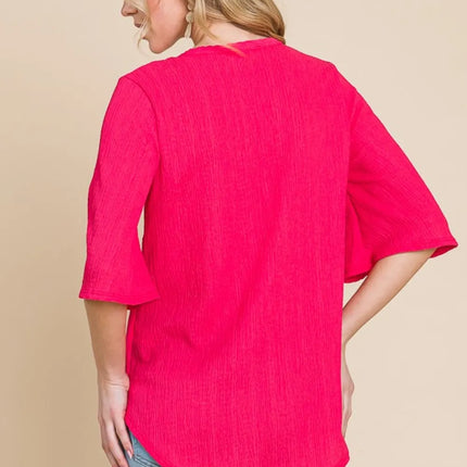 BOMBOM Texture Decorative Button V-Neck Top - Image 2