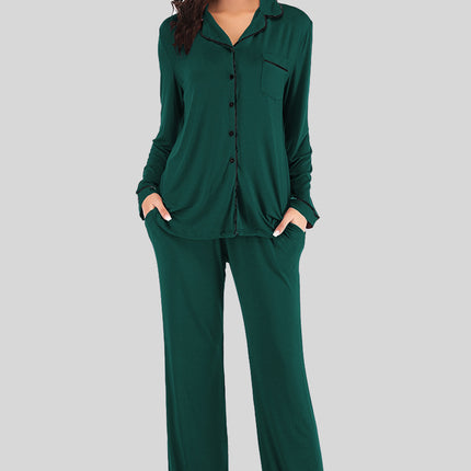 Collared Neck Long Sleeve Loungewear Set with Pockets - Image 4