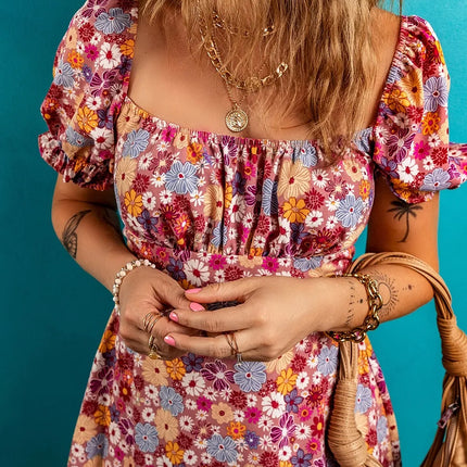 Floral Puff Sleeve Square Neck Knot Open Back Mini Dress - Image 4