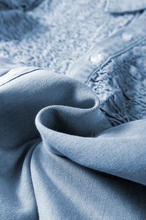 Smocked Collared Neck Cap Sleeve Denim Dress - Image 13