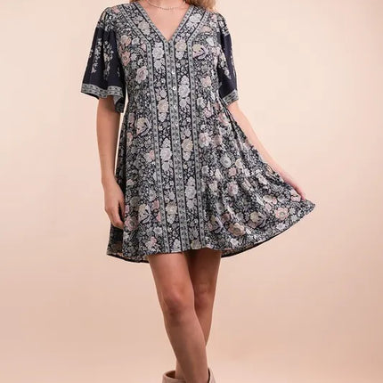 VERY J Shirring Detail Printed Woven Mini Dress - Image 1