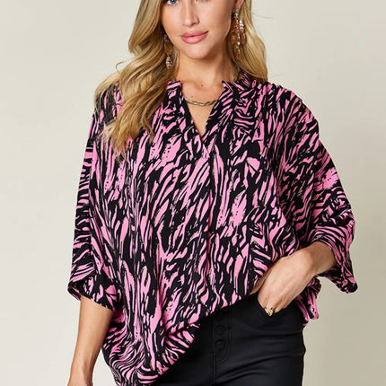 Double Take Full Size Printed Notched Three-Quarter Sleeve Blouse - Image 1