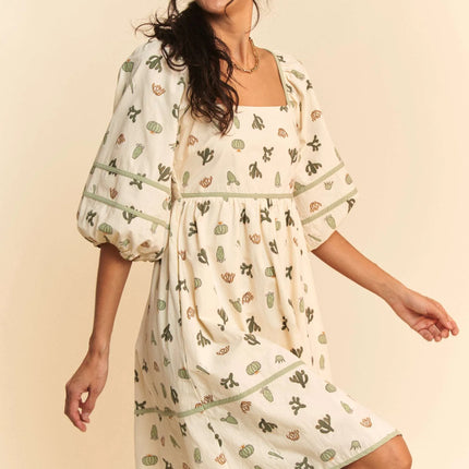 Davi & Dani Cactus Printed Poplin Contrast Piping Mini Dress - Image 5