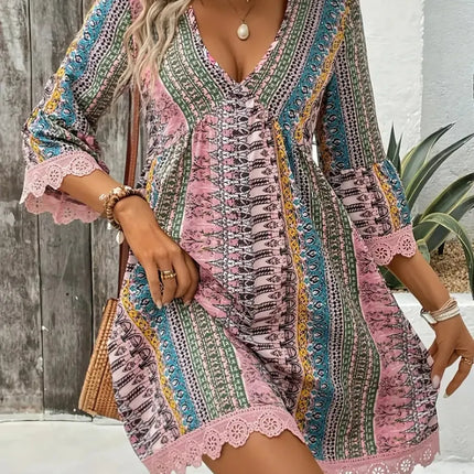 Lace Trim Printed V-Neck 3/4 Sleeve Dress - Image 7