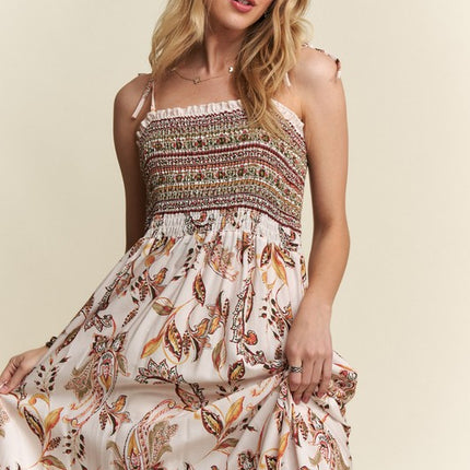 ADORA Smocked Printed Square Neck Tie Shoulder Cami Dress - Image 1