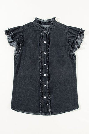 Button Down Raw Hem Ruffled Denim Shirt - Image 12