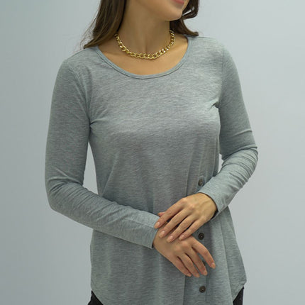 Shiny Buttoned Long Sleeve Round Neck Tee - Image 5
