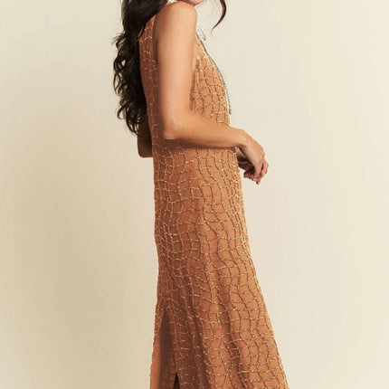 Davi & Dani Golden Textured Zippered Midi Dress - Image 8