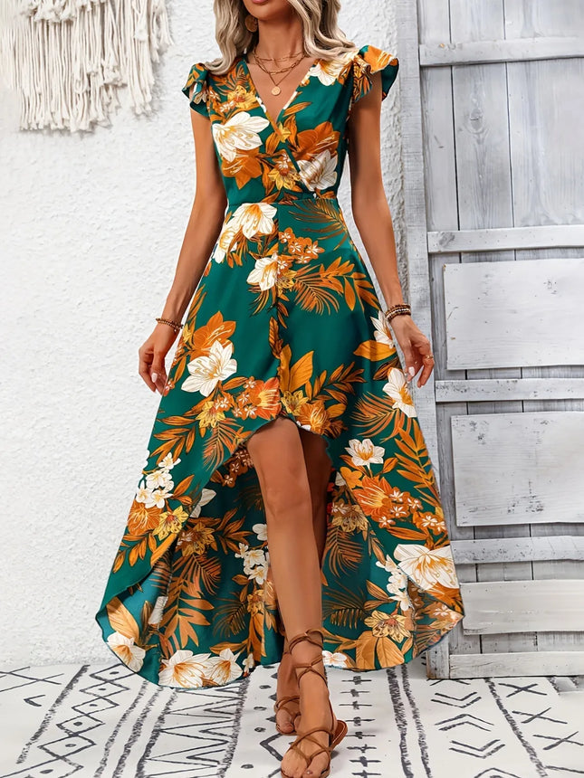 High-Low Printed Cap Sleeve Maxi Dress