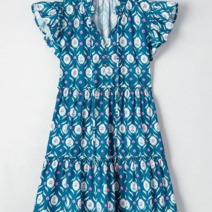 Printed Tie Neck Ruffled Cap Sleeve Dress - Image 7