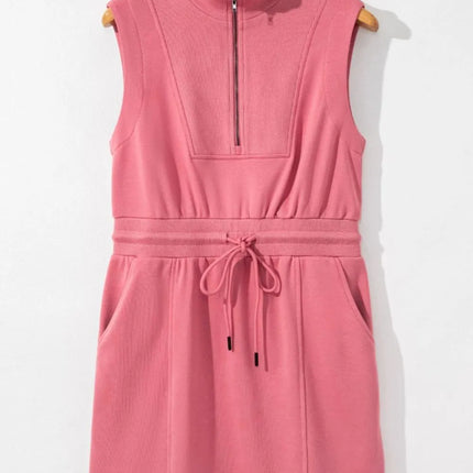 French Terry Zipped Collar Sleeveless Drawstring Waist Mini Dress - Image 14