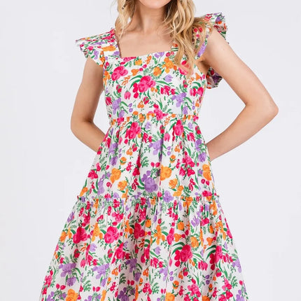 Mittoshop Flower Print Ruffle Shoulder A-line Mini Dress - Image 2