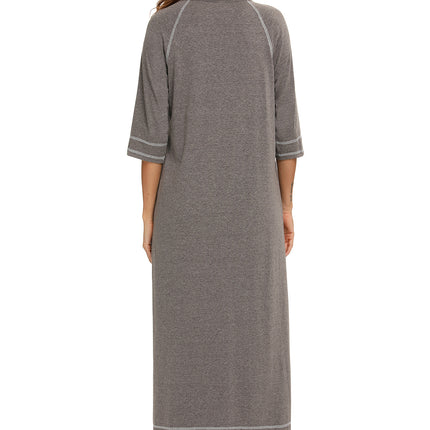 Zip Up Slit Round Neck Night Dress with Pockets - Image 21