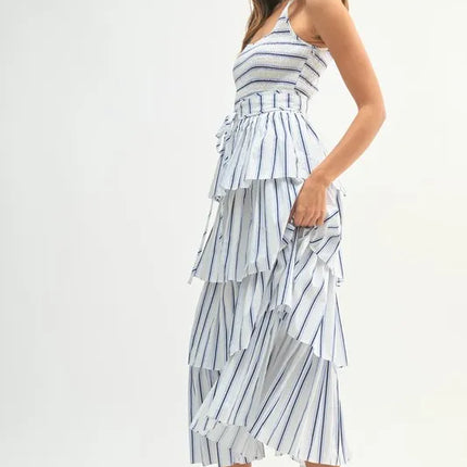 MABLE Pin Stripe Smocked Bodice Layered Midi Dress - Image 2