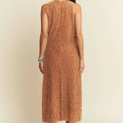 Davi & Dani Golden Textured Zippered Midi Dress - Image 10