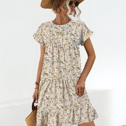 Frill Floral Round Neck Short Sleeve Tiered Dress - Image 7