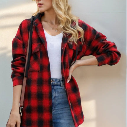 Double Take Drawstring Plaid Long Sleeve Hooded Shacket - Image 6