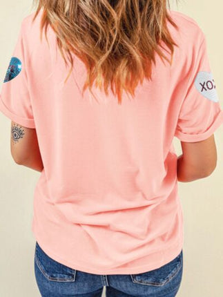 Valentine’s Day Sequin Heart Round Neck Short Sleeve T-Shirt - Image 3