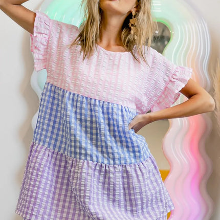 BiBi Plaid Color Block Tiered Top - Image 2